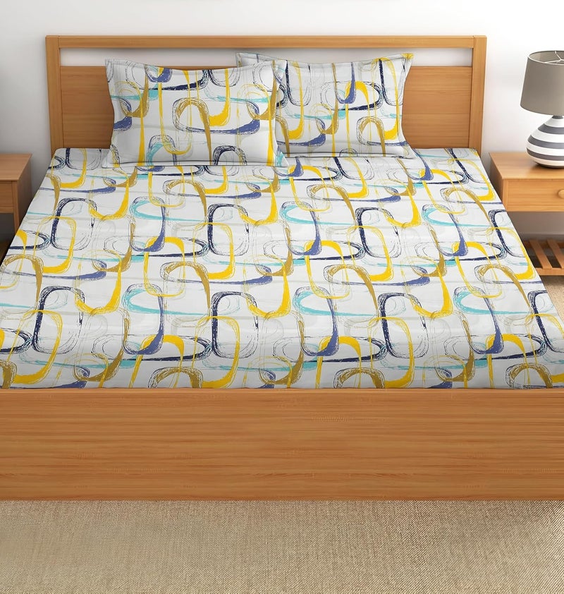 STARNSTYLE 100% Cotton Super Soft 240 Thread Count Elastic Fitted King Size Bedsheet with 2 Pillow Covers - White Yellow - Image 3